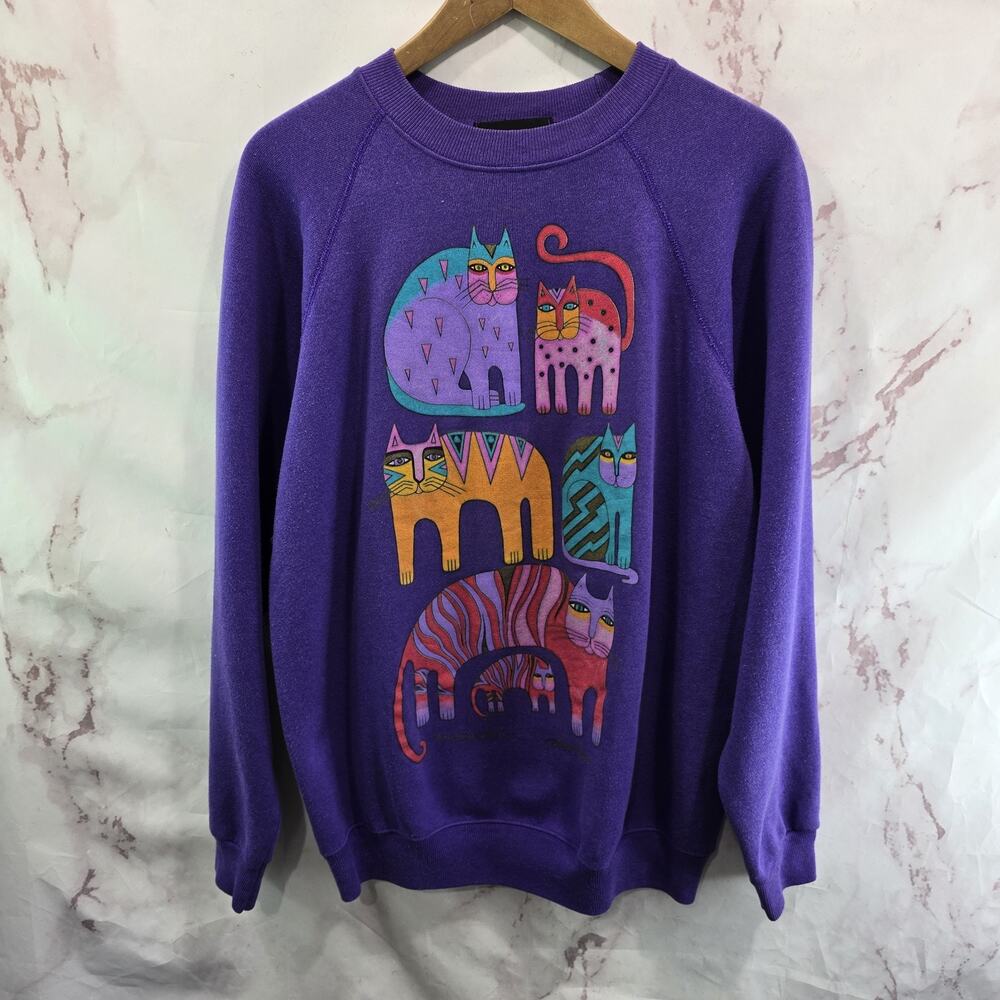Vintage Cat Sweatshirt Womens XL Unisex L Purple Granny Laurel Burch